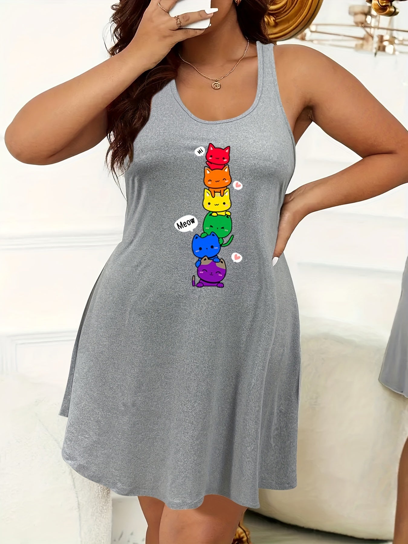 Colorful Cat Print Nightdress Tank Sleep Dress