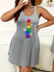 Colorful Cat Print Nightdress Tank Sleep Dress