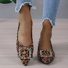 Women's Rhinestone Point Toe Slip On Leopard Print Flats