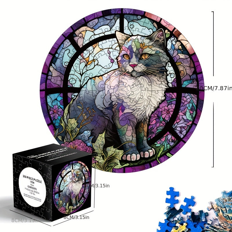 168pcs Round Jigsaw Puzzle for Adults - Cat & Floral Design - 14 Inches