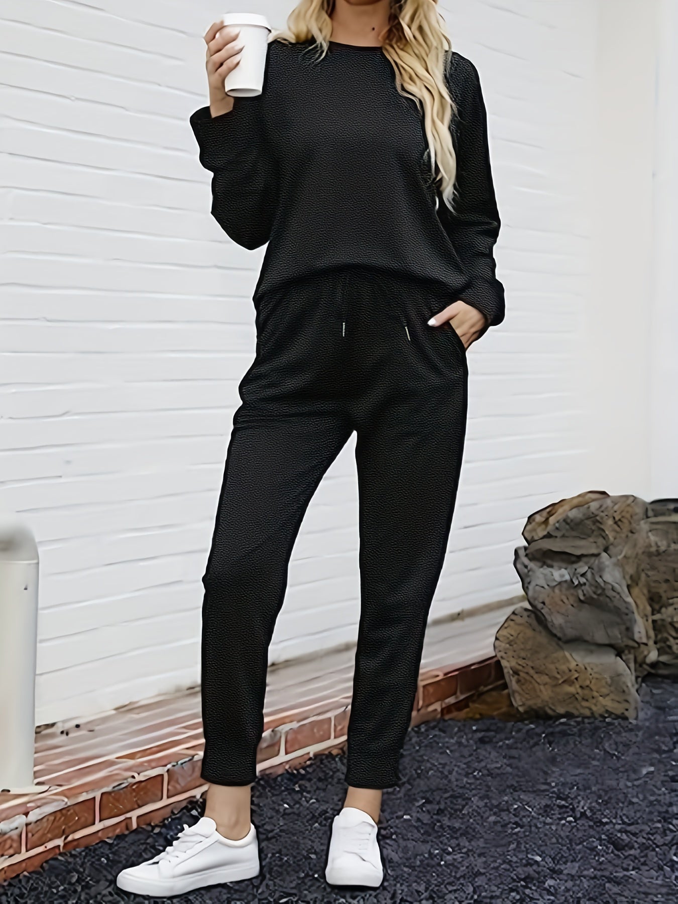 Solid Casual Two piece Set Crew Neck Long Sleeve Tops & Workout Pants