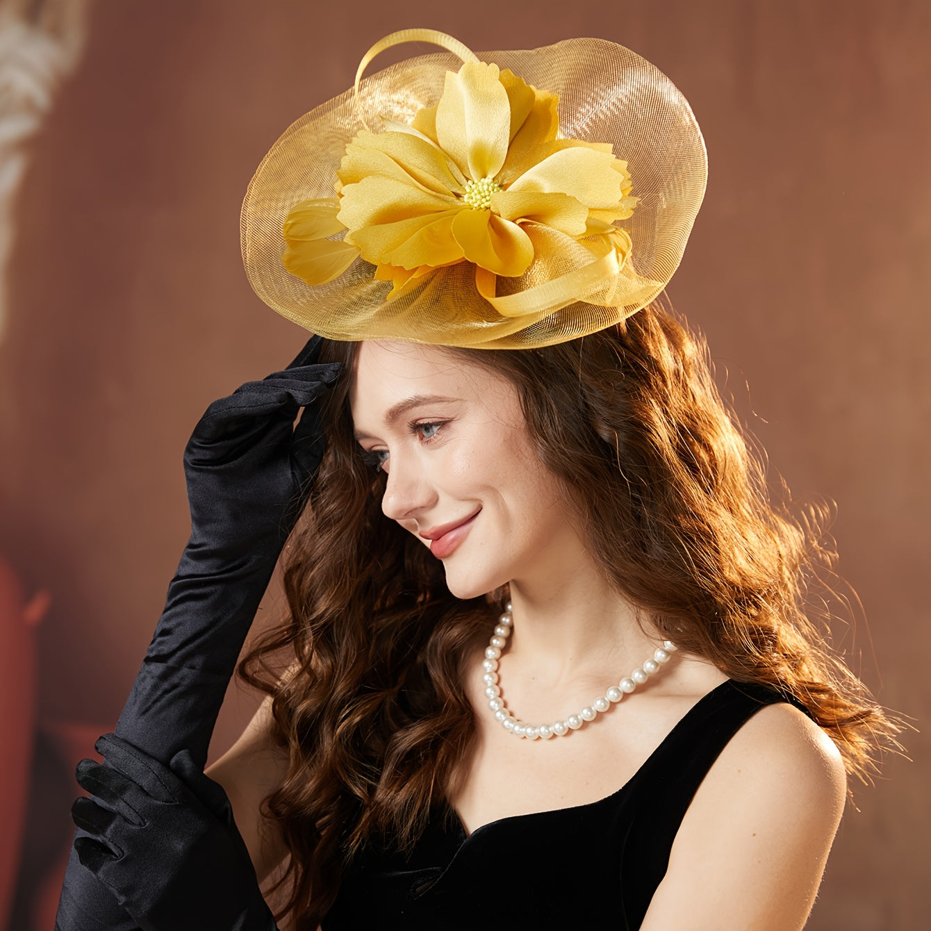 Women's Yellow Organza Veil Floral Accent Headwear
