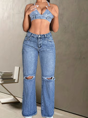 Wide Leg Straight Jeans Ripped Holes Slash Pockets Casual Denim Pants