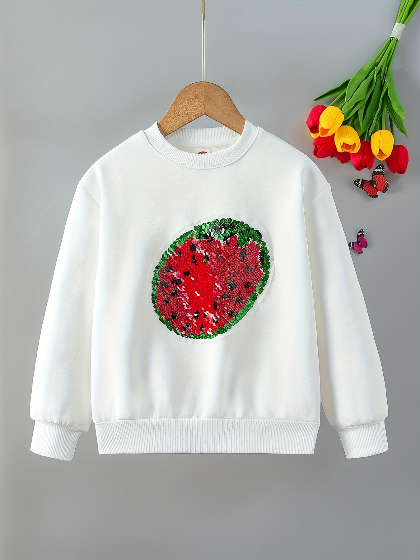 Strawberry Fleece Sweatshirt For Girls Round Neck Long Sleeve Top Pullovers