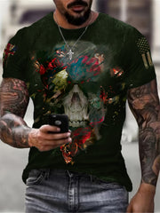 Men's American Flag & Skull Print T-Shirt Short Sleeve Crew Neck Tee