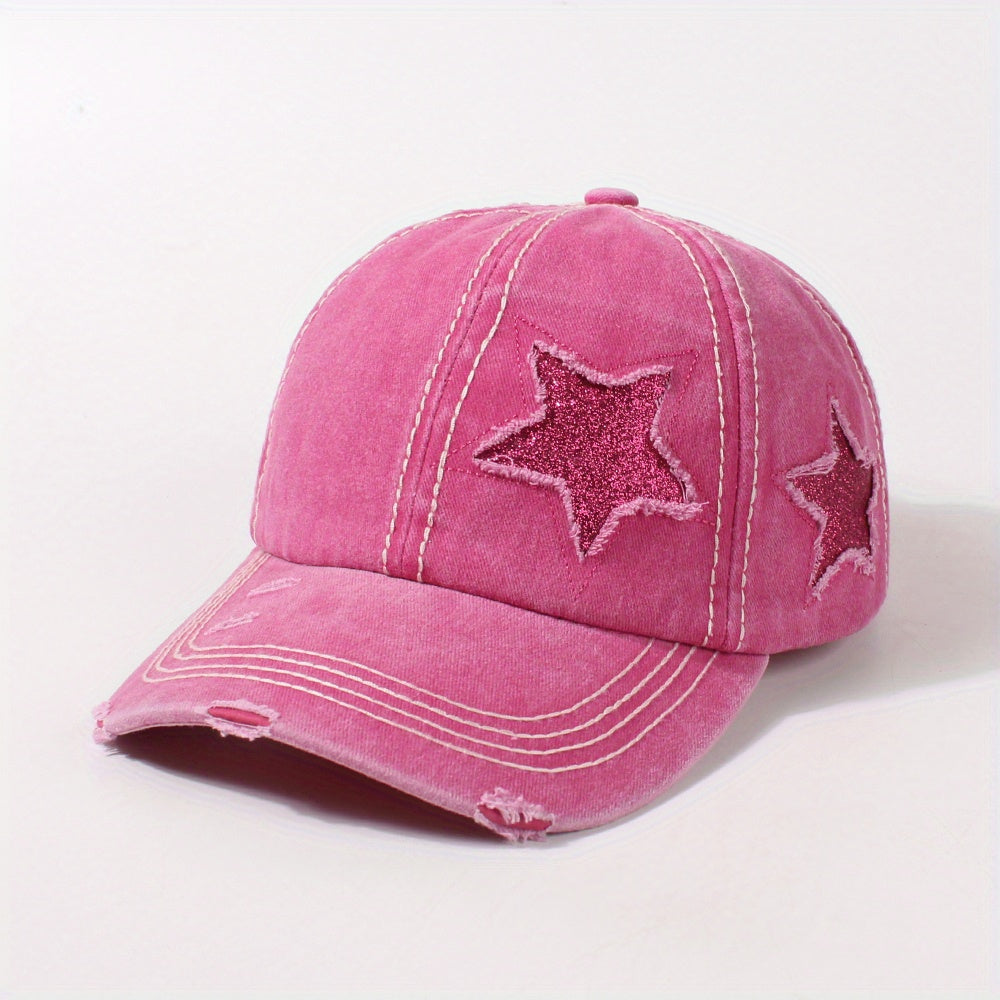 Glitter Star Ripped Baseball Cap Ponytail Washed Distressed Dad Hat