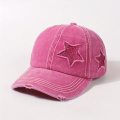 Glitter Star Ripped Baseball Cap Ponytail Washed Distressed Dad Hat