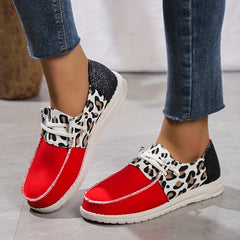 Leopard Print Flat Sneakers Lightweight Red Lace Up Loafers Casual Shoes