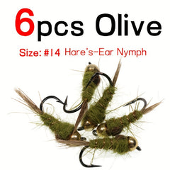 6PCS 14 Brass Bead Hare's Ear Nymph Trout Fly Fishing Lure Bait