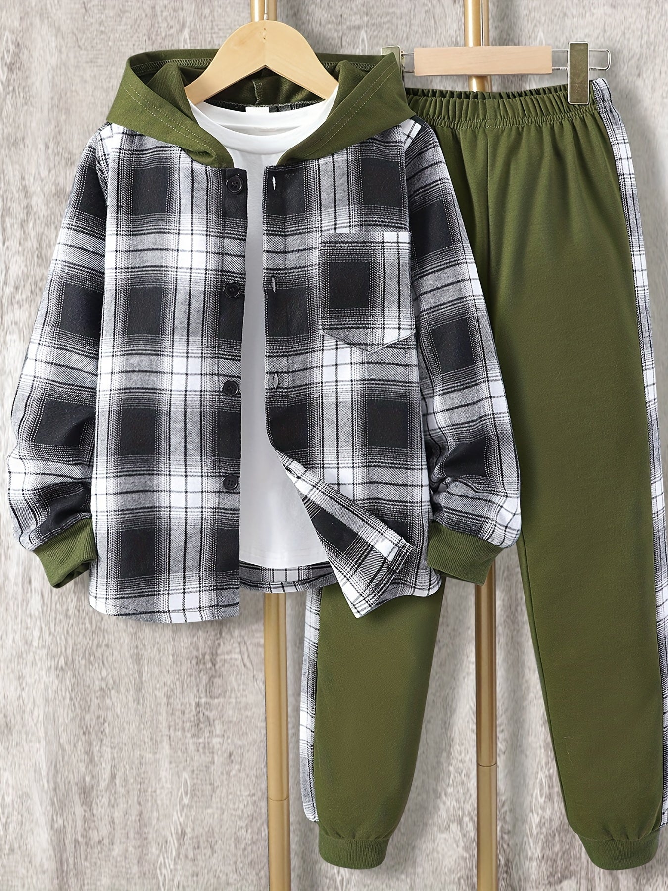 Boys 2pcs Hooded Shirt Top & Sweatpants Plaid Print Kids Clothes
