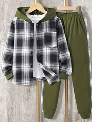 Boys 2pcs Hooded Shirt Top & Sweatpants Plaid Print Kids Clothes