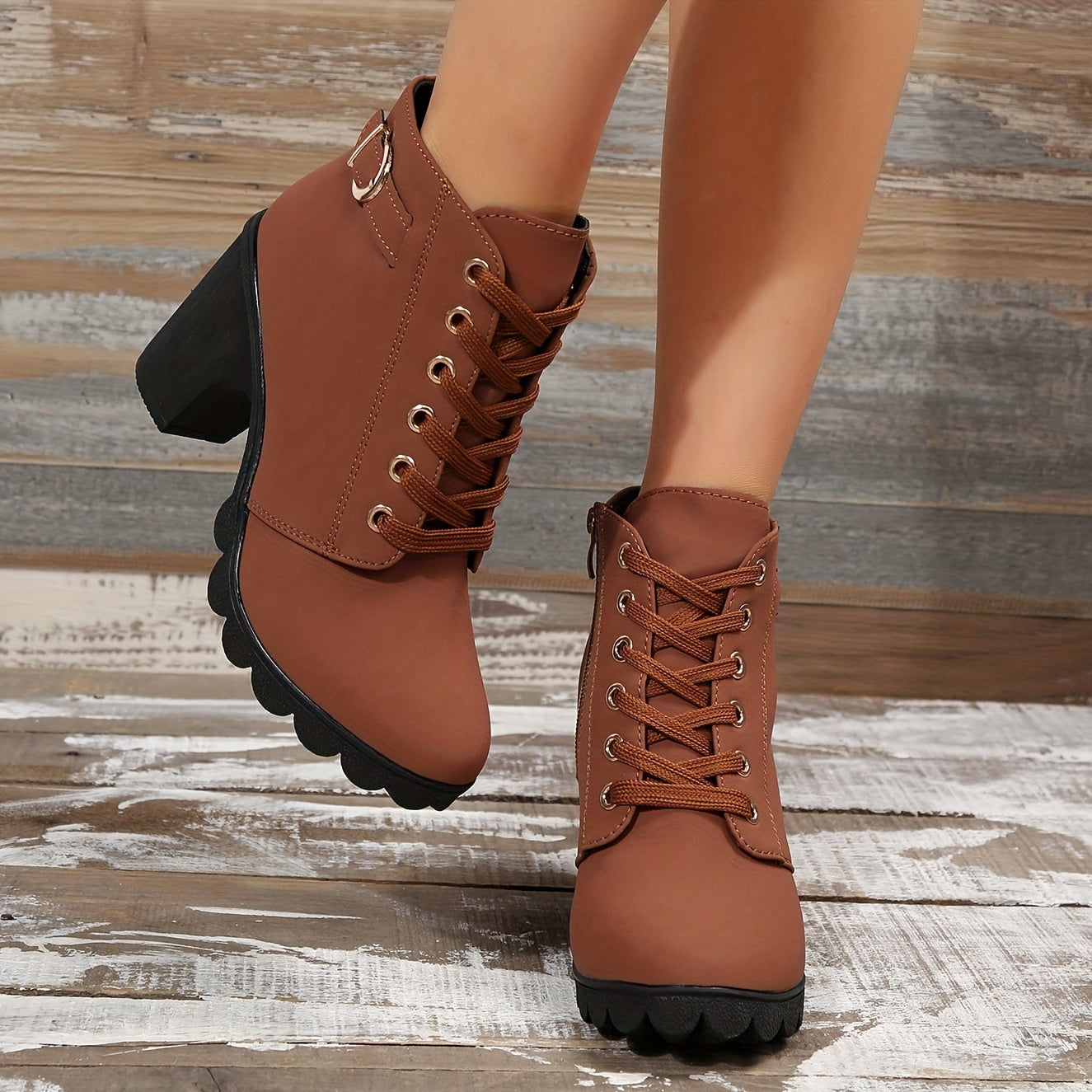 Women's Chunky Heel Short Boots Faux Leather Combat Boots