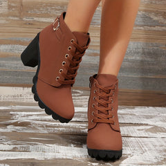 Women's Chunky Heel Short Boots Faux Leather Combat Boots