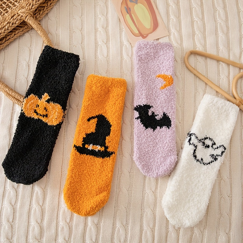 Halloween Pumpkin & Bat Print Socks & Funny Fuzzy Women's Stockings
