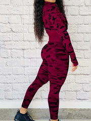 Camo Print Long Sleeve Crop Top & Leggings Set