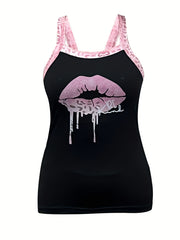 Leopard Lips Print Cami Top Sexy Tie Back Sleeveless Summer Top