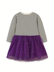 Halloween Witch Embroidered Striped Dress for Toddler Girls