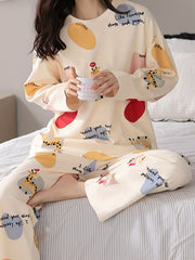 Cartoon Fawn Pajama Set Long Sleeve Crew Neck Top & Pants
