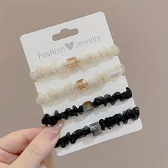 4pcs Girl's Mesh Crystal Elastic Rubber Band & Beige High Ponytail Hair Clip