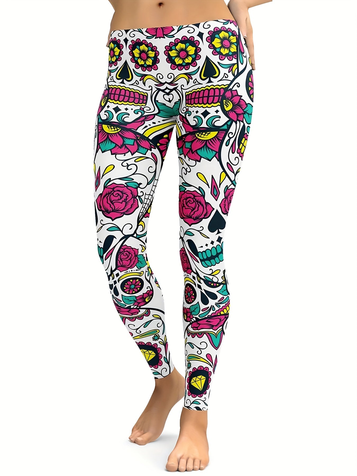Flower & Halloween Skull Print Yoga Pants High Stretch Leggings for Women