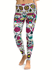 Flower & Halloween Skull Print Yoga Pants High Stretch Leggings for Women