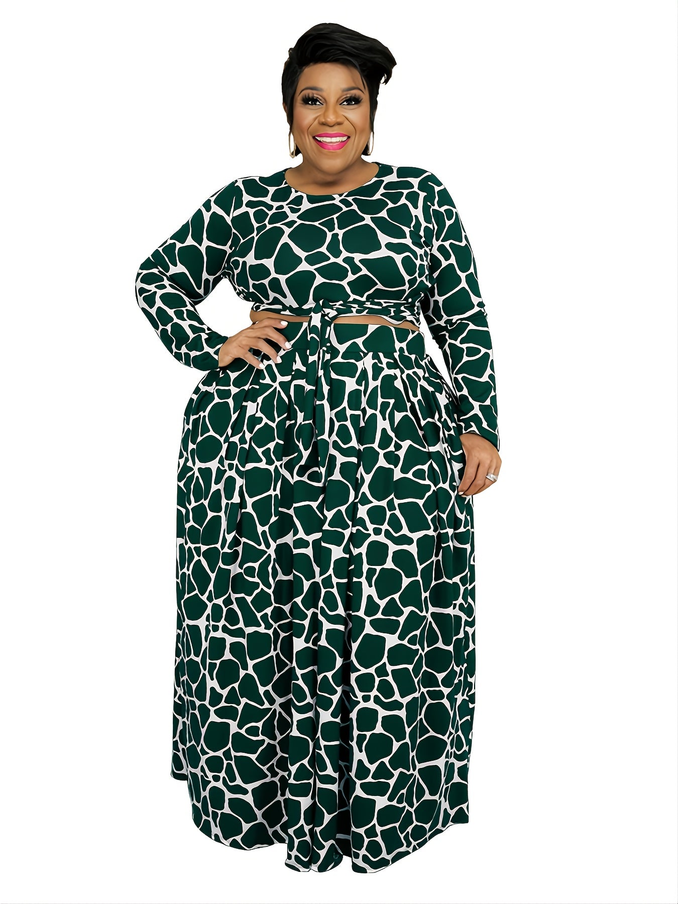 Women's Graphic Print Crop Top & Wide Leg Pants 2pcs Set