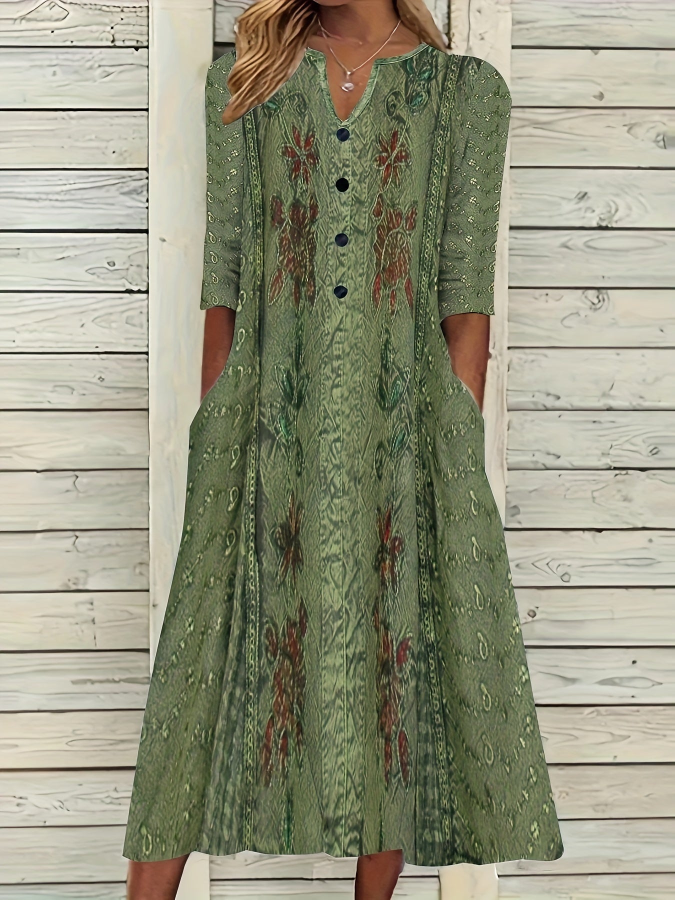 Floral Print Retro Dress Long Sleeve Notched Neck Dress With Pockets