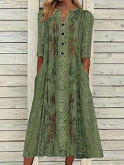 Floral Print Retro Dress Long Sleeve Notched Neck Dress With Pockets