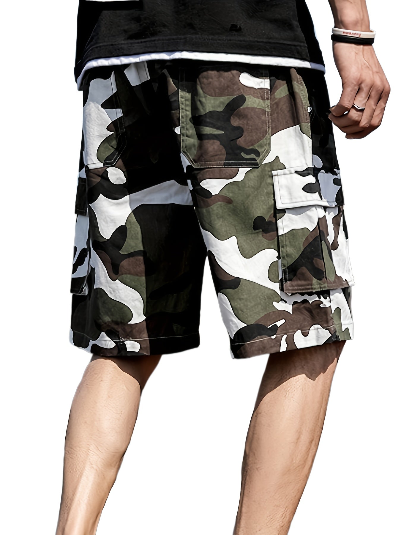 Camouflage Pattern Cargo Shorts Men's Casual Pocket Waist Drawstring Shorts