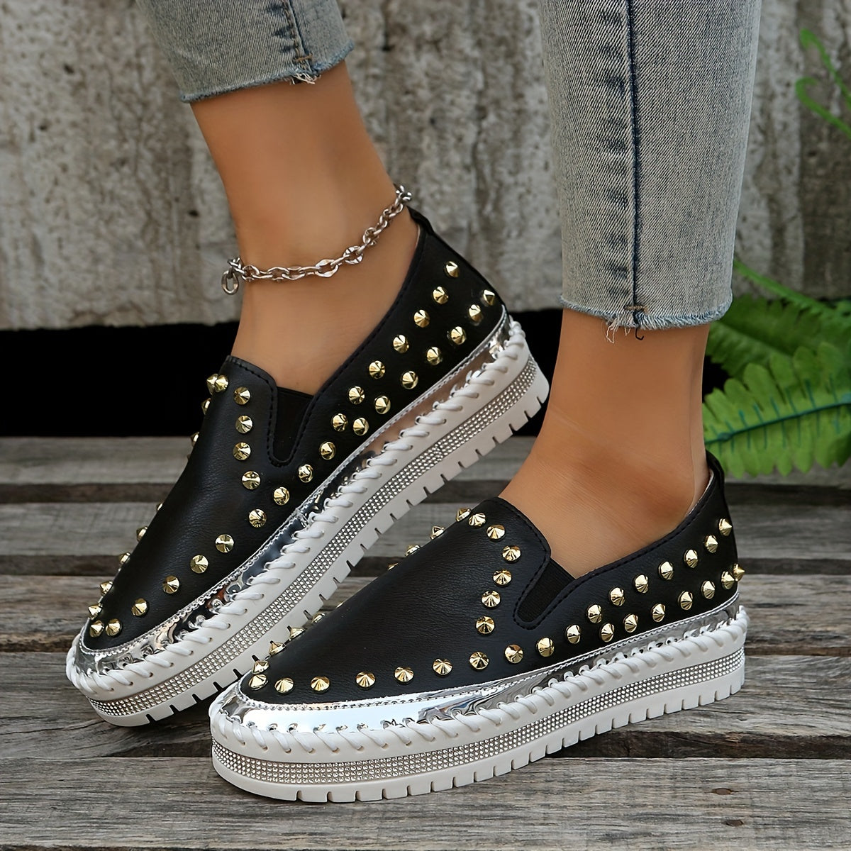 Studded Platform Loafers Low Top Slip On Shoes