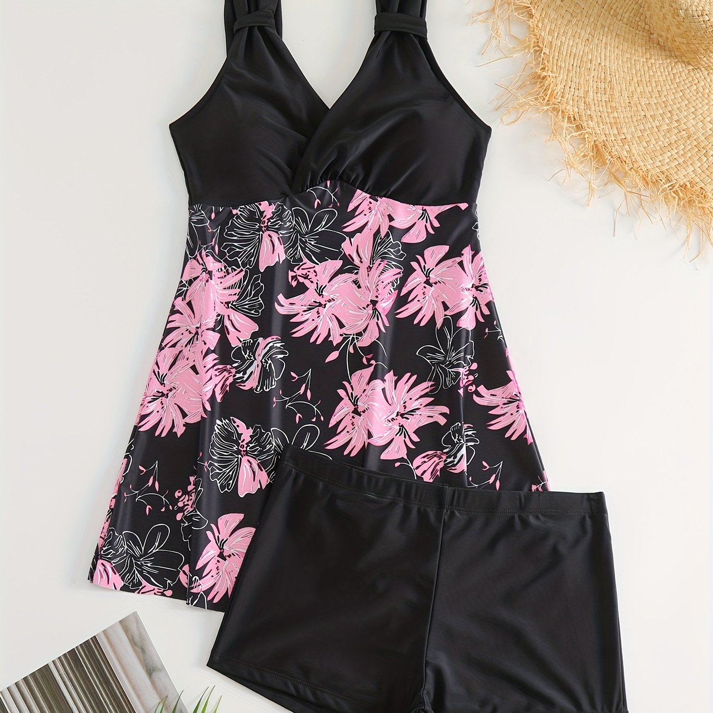 Floral Print V Neck 2 Piece Tankini Swimsuit Women's Swimwear
