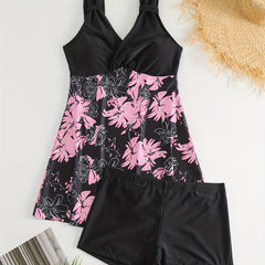 Floral Print V Neck 2 Piece Tankini Swimsuit Women's Swimwear
