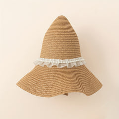 Khaki Sun Hat with Faux Pearl Decor for Women