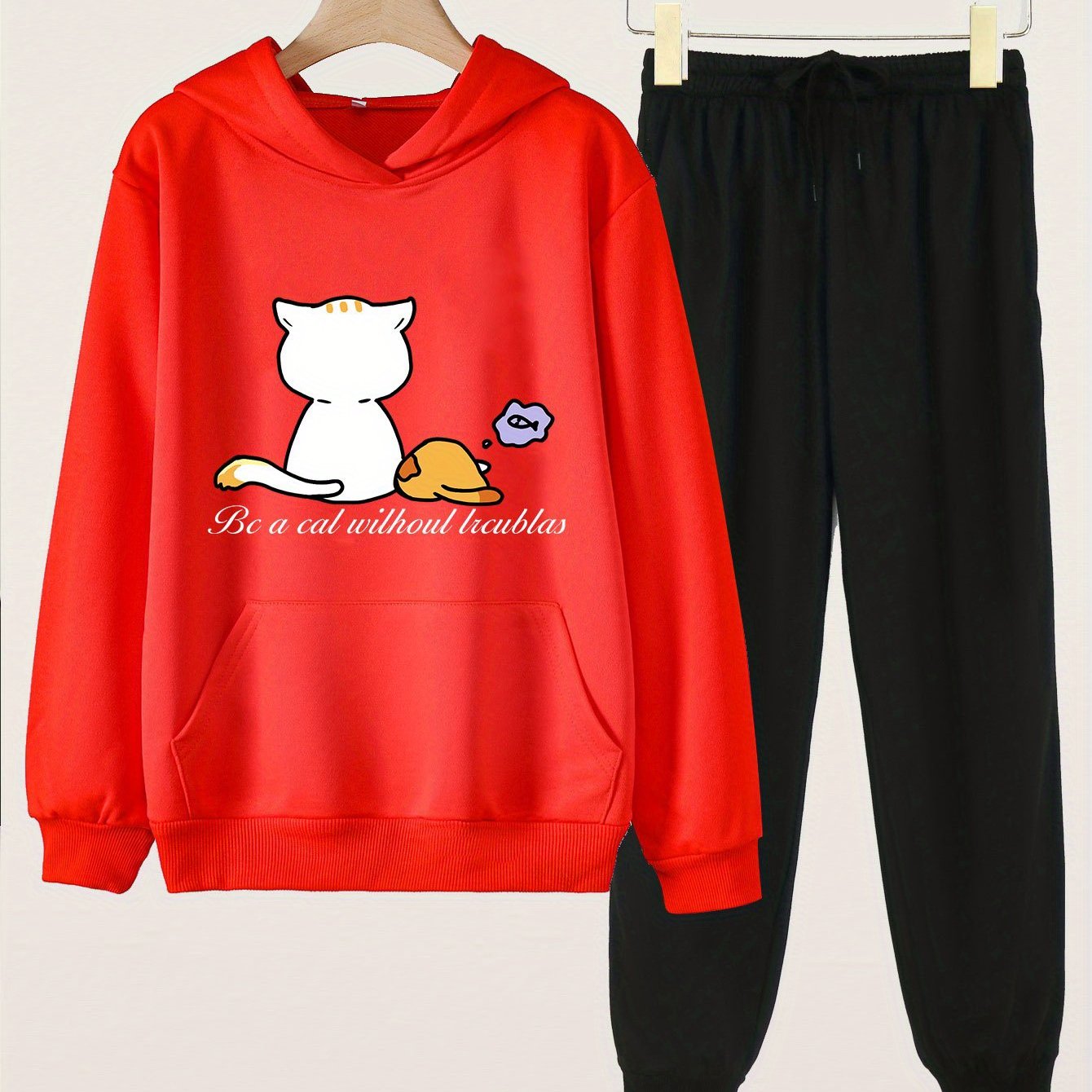Girls Cat Print Hoodie & Sweatpants Set for Spring/Autumn