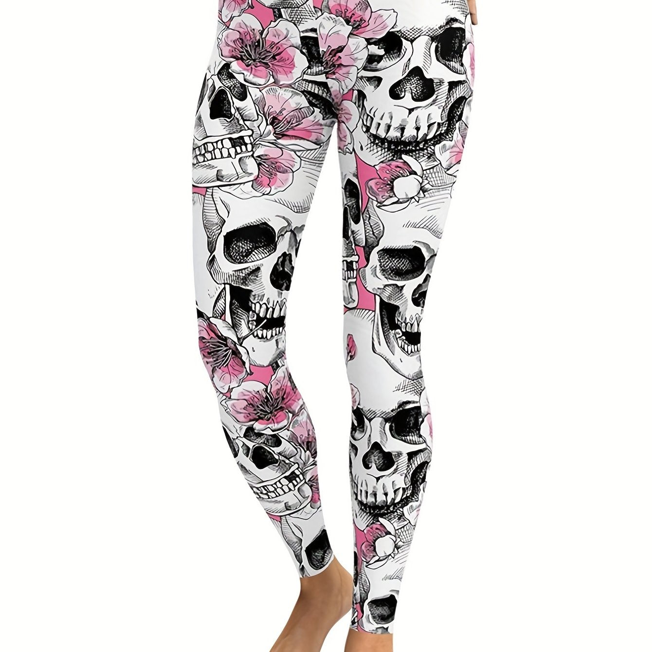 Floral & Skull Print Skinny Leggings Women's Clothing