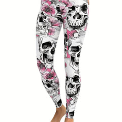 Floral & Skull Print Skinny Leggings Women's Clothing