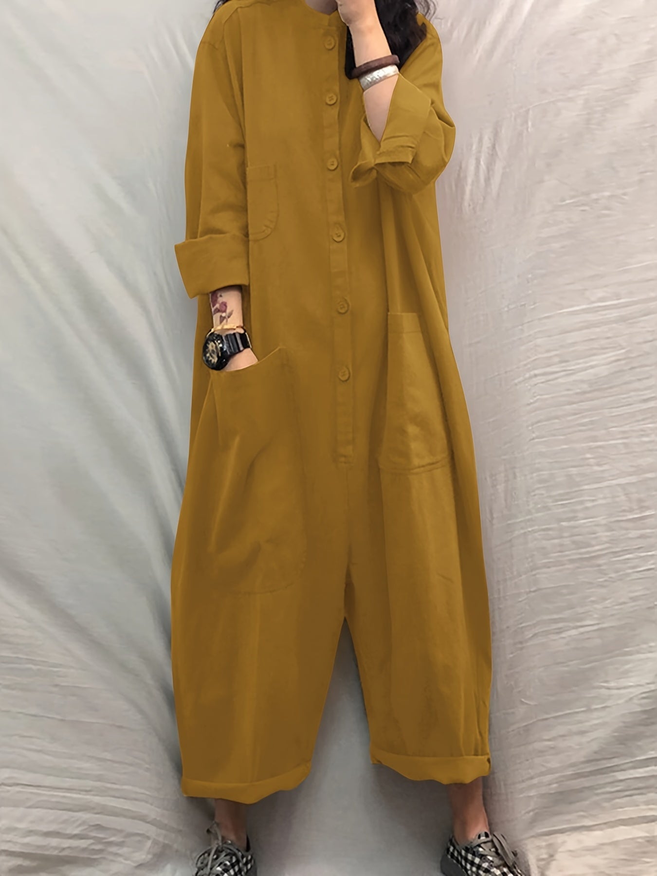 Solid Pockets Jumpsuit Casual Stand Collar Button Front Long Sleeve