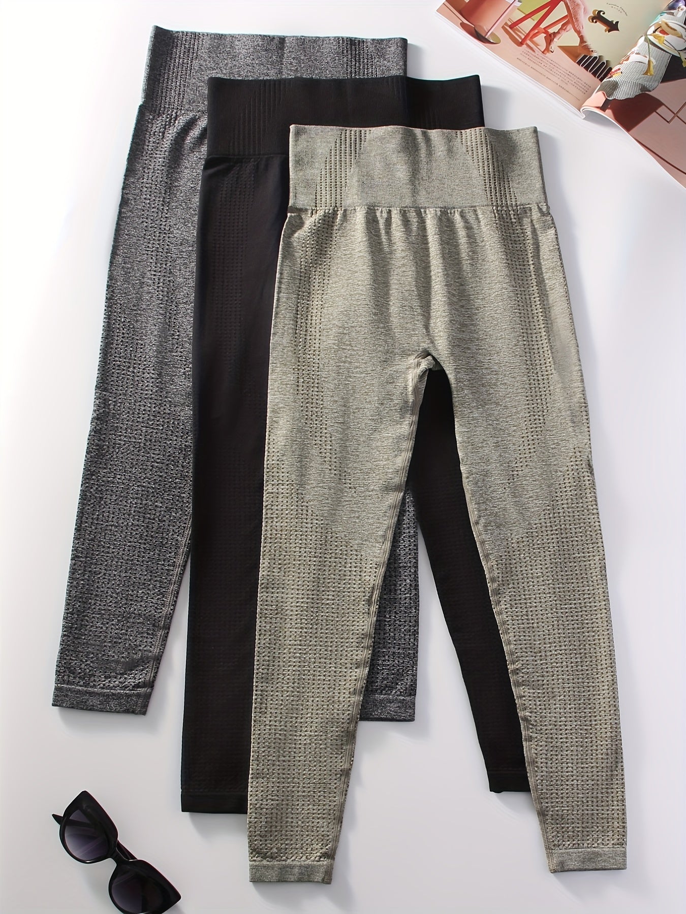 3-Pk Solid Tummy Control Leggings High Waist Yoga Gym Pants