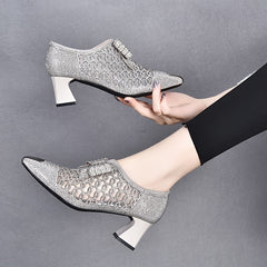 Women's Pointed Toe Low Heel Rhinestone Sandals