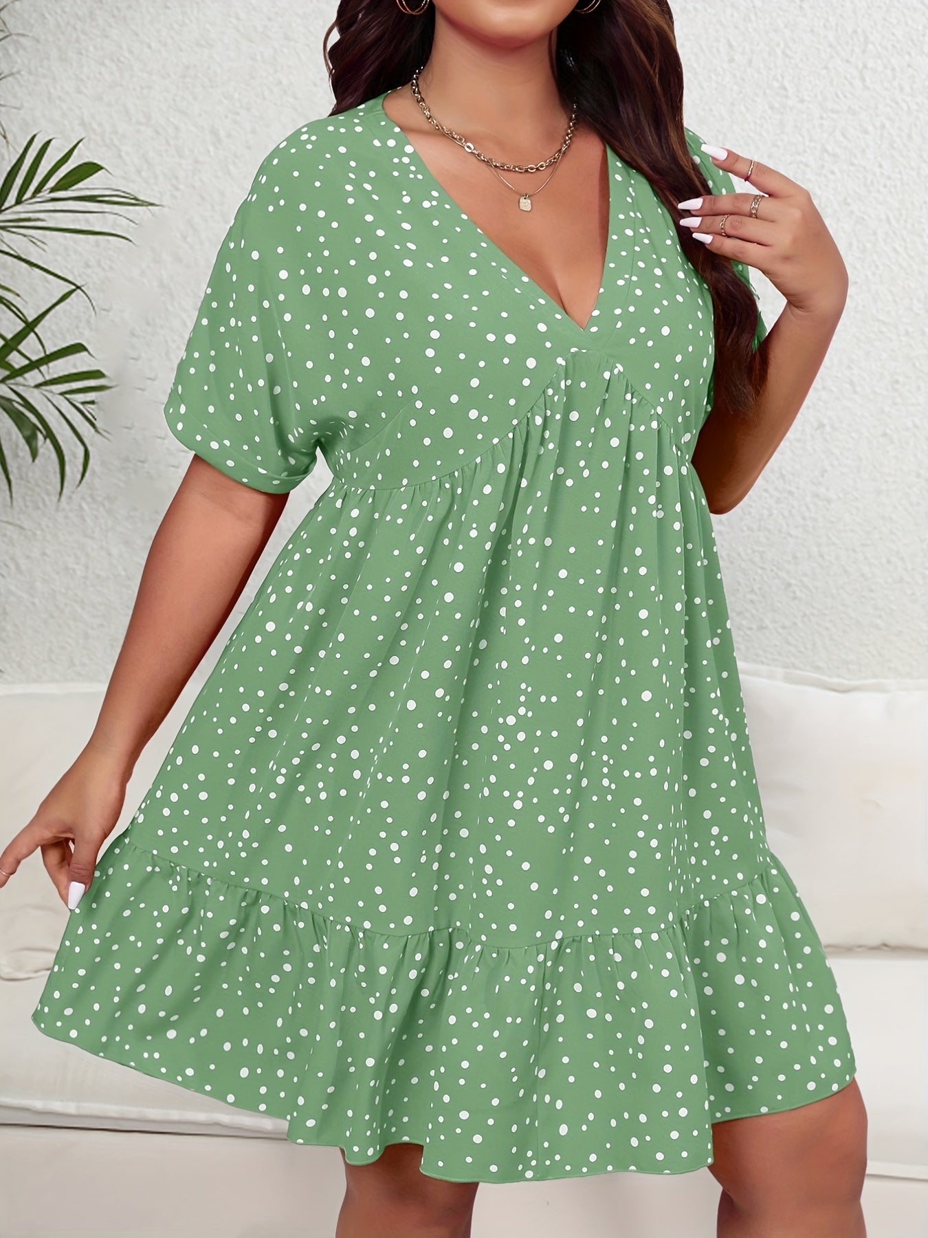 Polka Dot Ruffle Trim V Neck Smock Dress