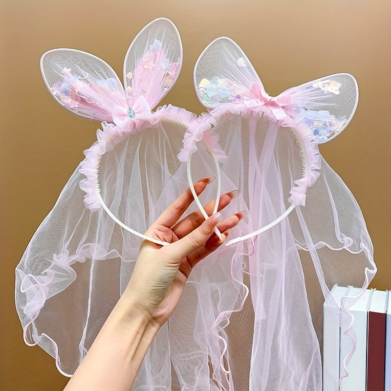 Pink Rabbit Ears Butterfly Head Hoop Girls Non Slip Mesh Hair Accessory