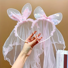 Pink Rabbit Ears Butterfly Head Hoop Girls Non Slip Mesh Hair Accessory