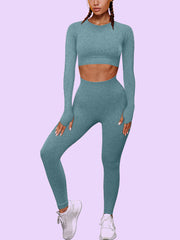 Seamless Workout Set - Long Sleeve Crop Top & High Waisted Leggings