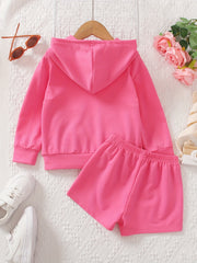 Girl's 2pcs Pocket Front Hoodie & Shorts Set EDITION Print Casual Outfits