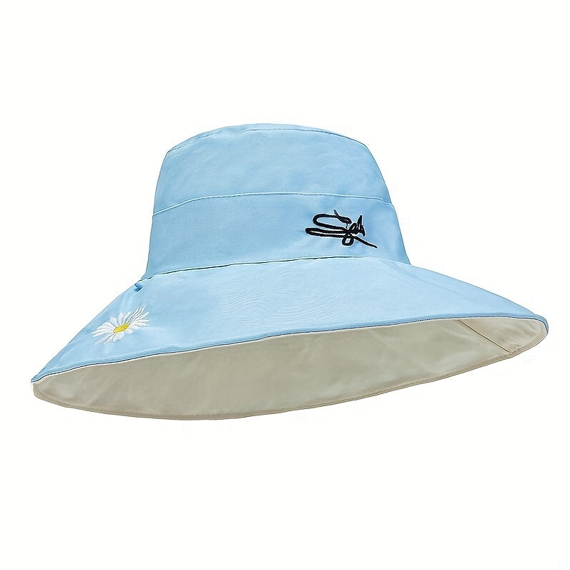 Daisy Embroidery Sun Hat Wide Brim Bucket Hat