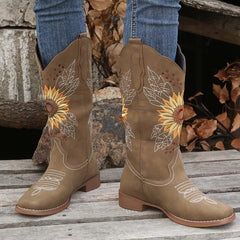 Women's Embroidered Mid Calf Western Boots Faux Leather Boots