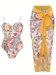 Floral Print Spaghetti Straps One Piece Bathing Suit & Cover Up Skirt Set