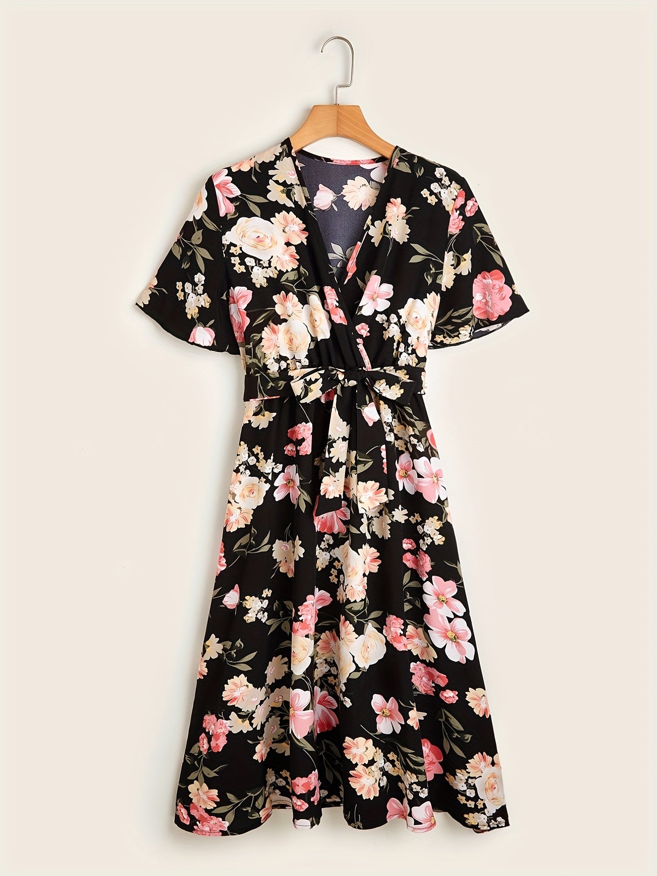 Floral Print Surplice Neck Dress Women's Clothing