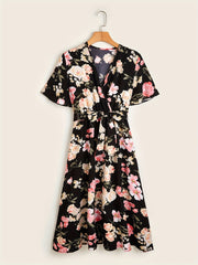 Floral Print Surplice Neck Dress Women's Clothing