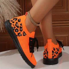 Leopard Print Sneakers Breathable Knit Lace Up Lightweight Shoes